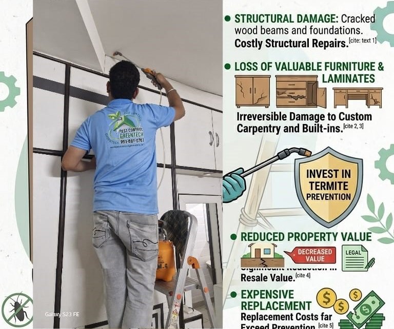 Greentech pest control technician treating a cabinet in a modern home