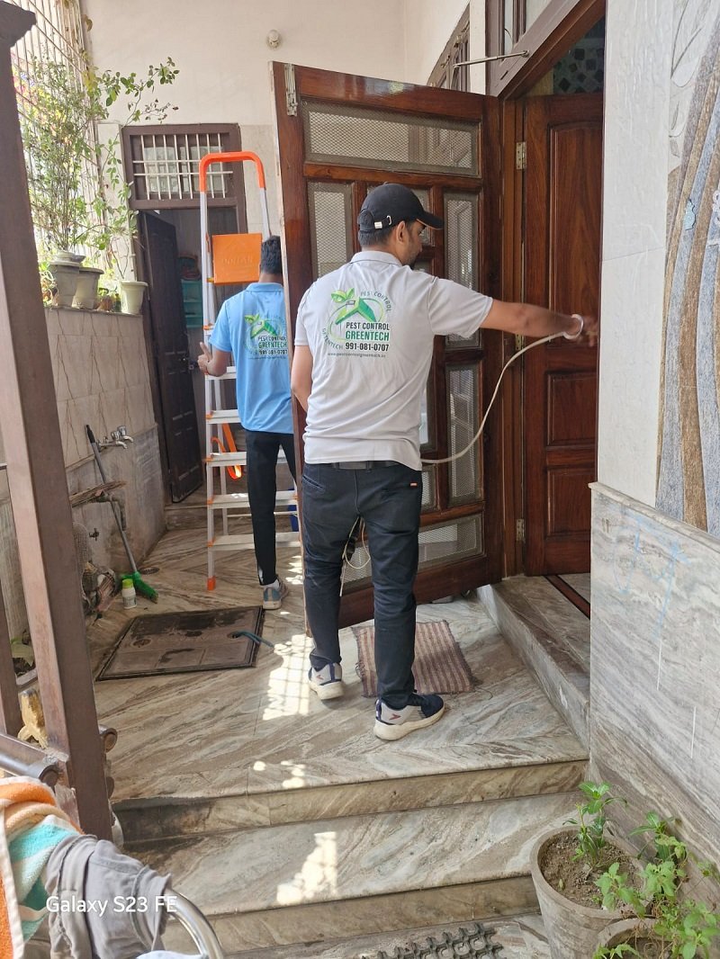 Greentech pest control technician treating a cabinet in a modern home